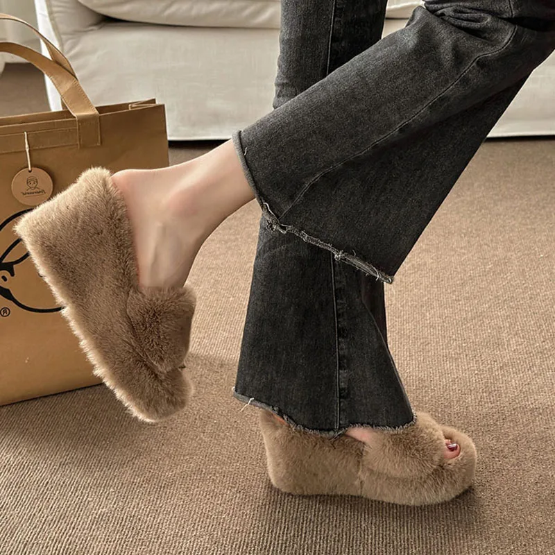 2024 Luxury New Women Feminine High-heeled Fur Drag Outdoor All-match Shoes Slippers Round Head Wedges with Mink Fur Slippers