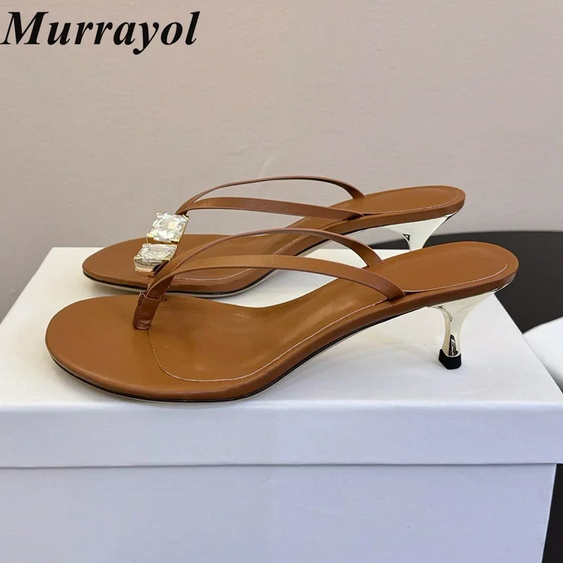 Flip Flops Women Genuine Leather Bling Crystal Decor Thin High Heel Sandals Split Toe Slippers Summer Party Evening Dress Shoes