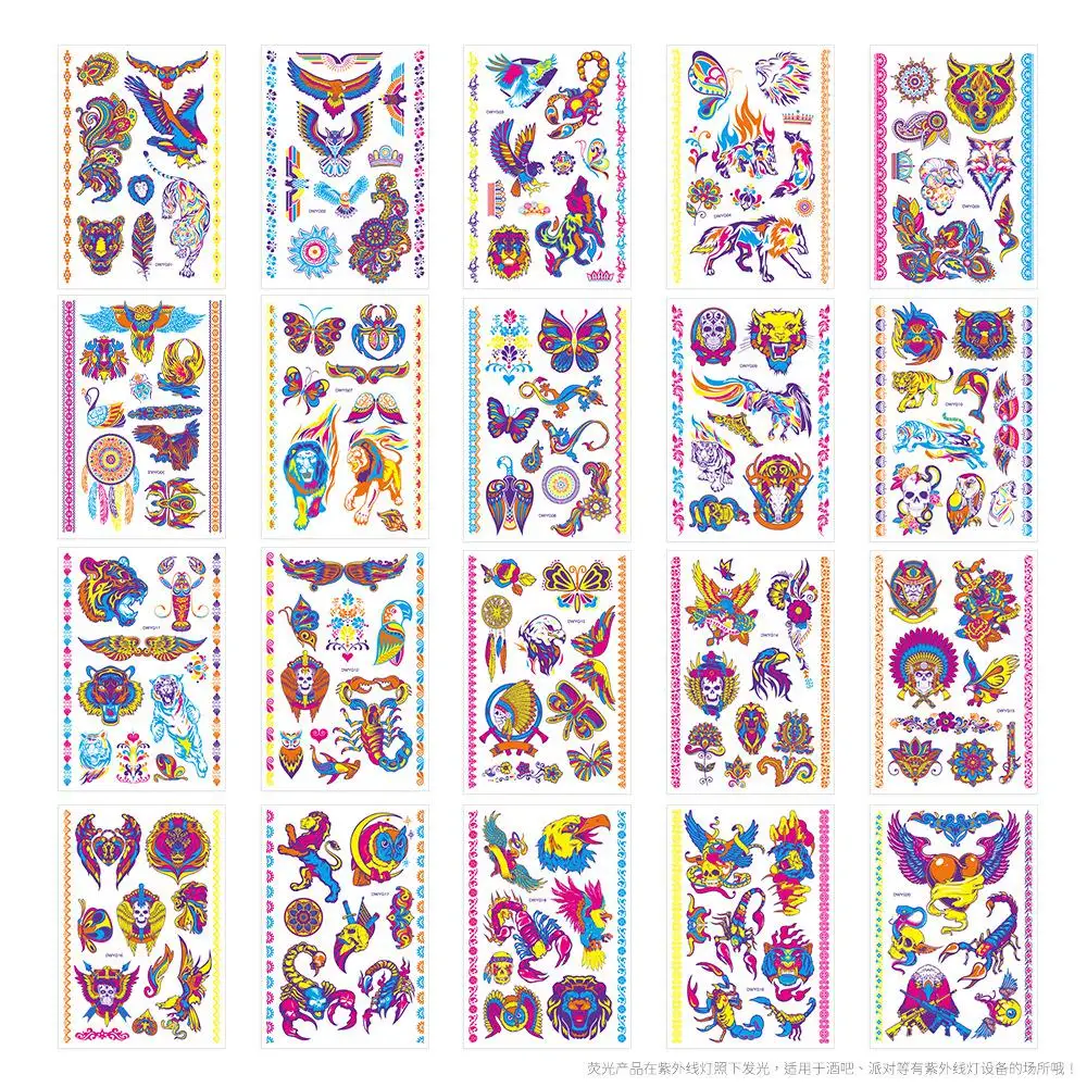 1/20pcs Owl Animal Halloween Fluorescent Flower Arm Tattoo Sticker Creative Three-dimensional Color Temporary Transfer Stickers