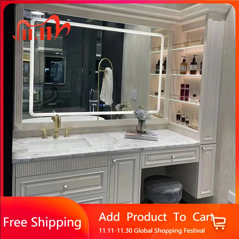 

French Mirror Bathroom Cabinets Combination Oak European Storage Bathroom Cabinets Cream Wind Sink Badkamer Kast Furniture