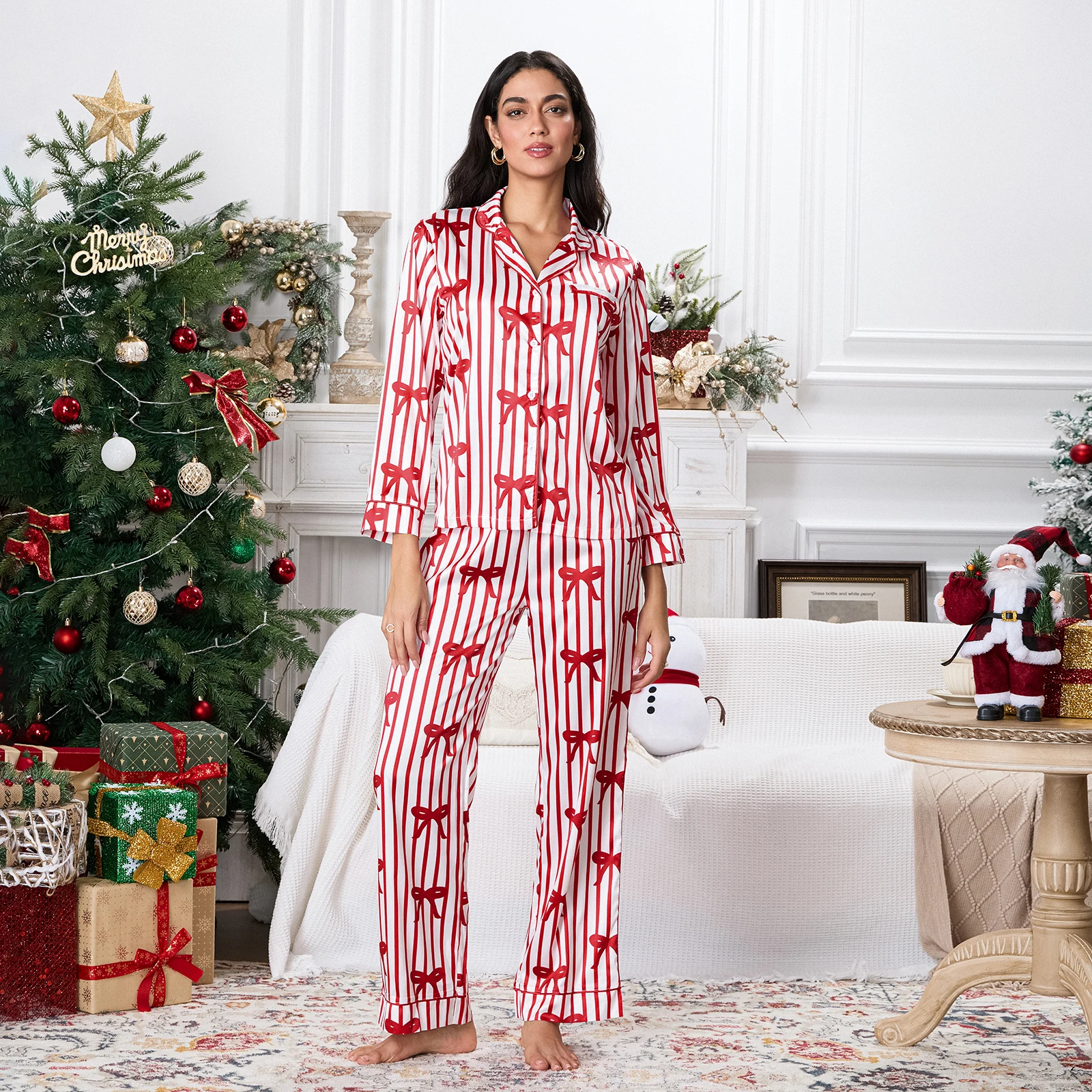 2025 Chrismtas Pajama Sets for Women Striped Bow Print Long Sleeve Button Shirts Pants New Year Loungewear Sleepwear Nightwear