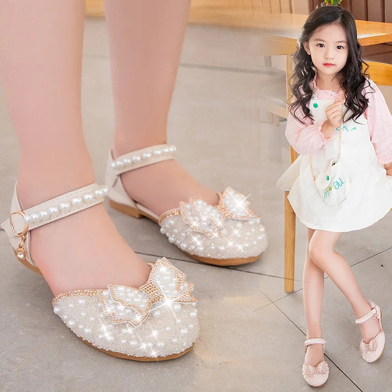 2026 Girls' Princess Shoes Spring And Summer Sandals White Flat Dress Shoes Pearl Decoration For Kids And Teens