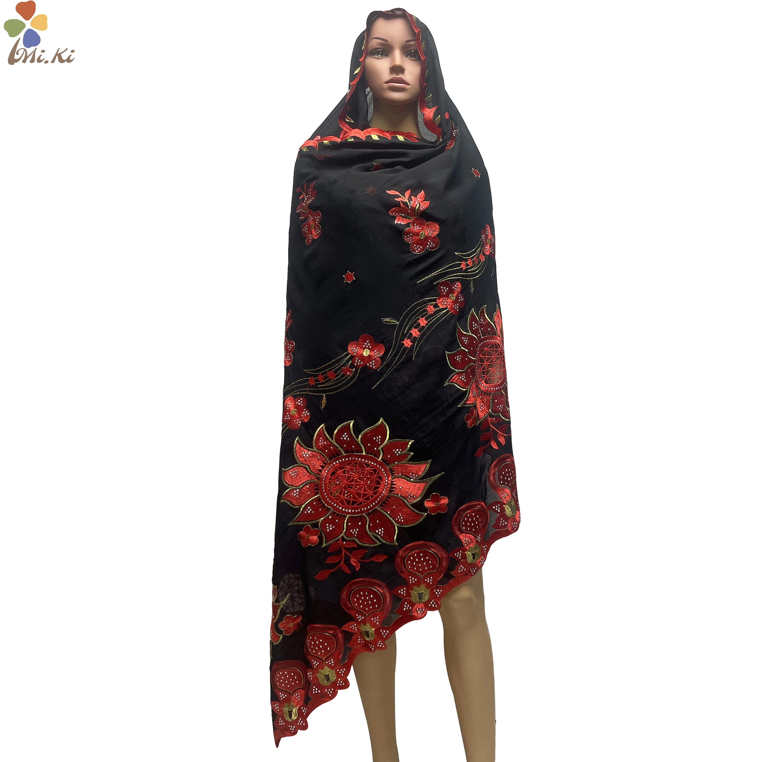 New African Muslim Women Shawl Scarf Pure Cotton Embroidered Flower Large Size Scarf Dubai High Quality Headband Wholesale Price