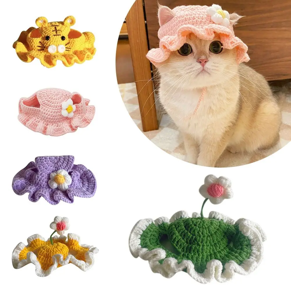 Cute Pet Hat Handmade Knitted Flower Cat Hat Funny Cospaly Headgear Party Photo Shoot Props Decoration Cat Accessories