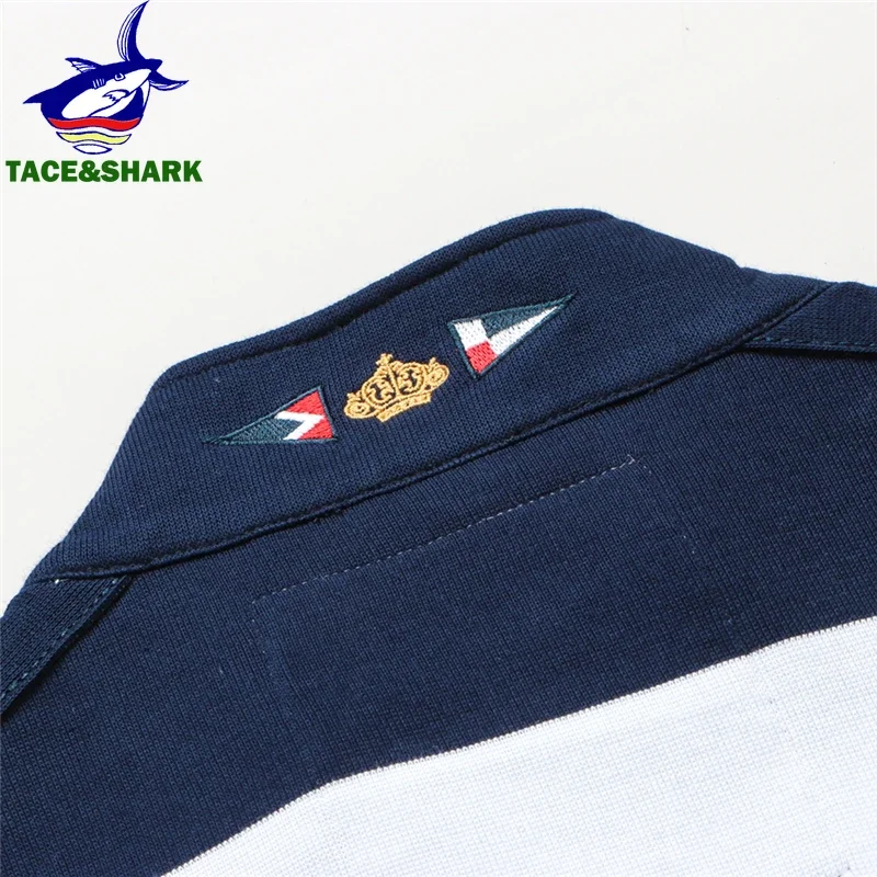 TACE&SHARK Brand Shark Wide Stripes Embroidery Red Long Sleeve Polo Tops Casual Fashion Men Slim Polo Casual Business Clothes