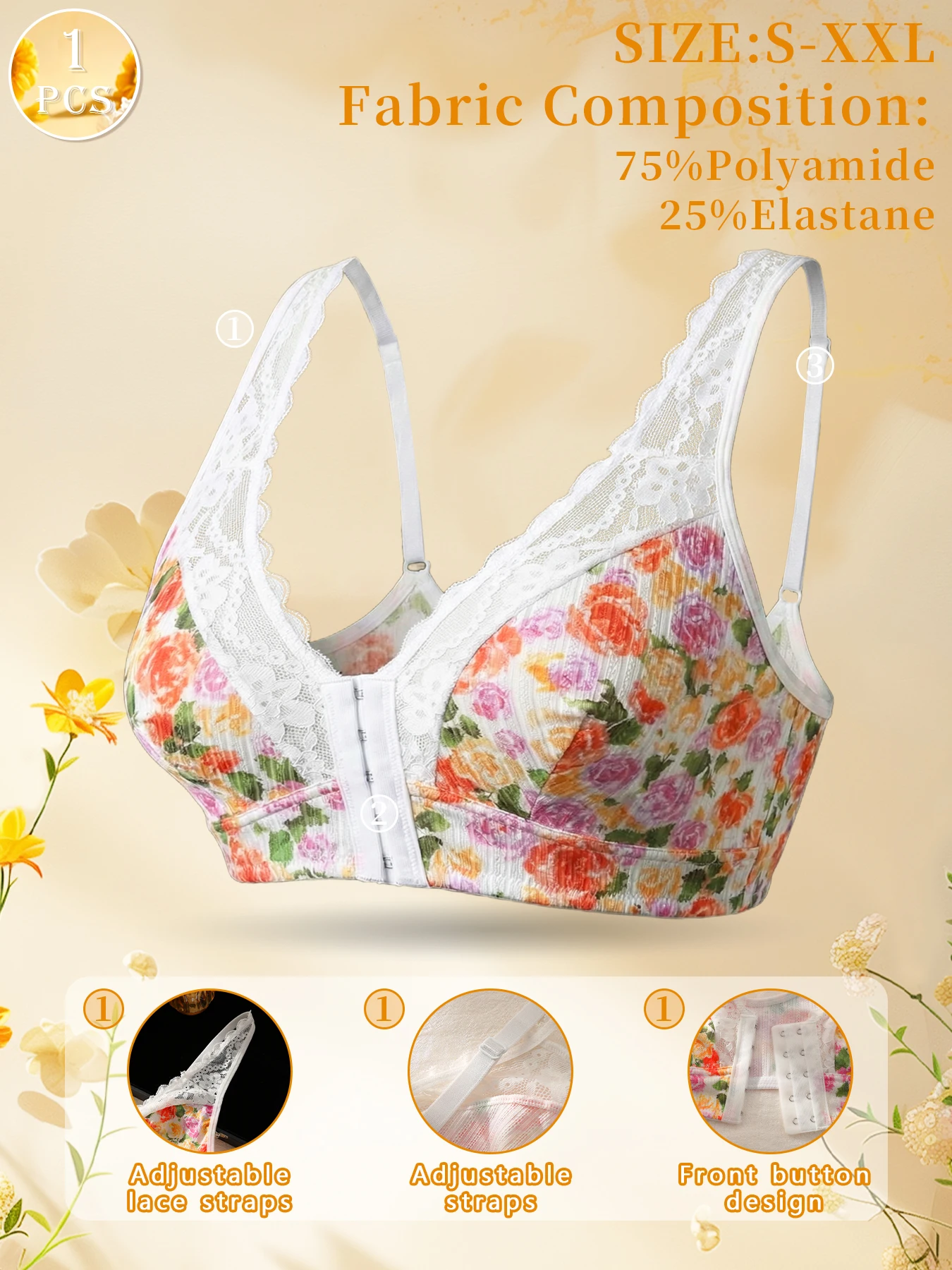 1pc Women's Floral Print Wireless Bra, Lace Trim Adjustable Straps Front Closure Comfort Bralette (S-XXL) image 3
