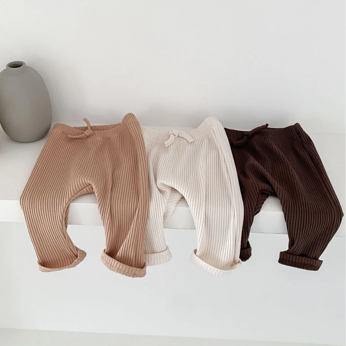 2024 autumn New in Infant Baby Girls Boys Casual Clothes Toddler Children Knitted Big PP Solid Color Legging Kids Pants 0-3Y