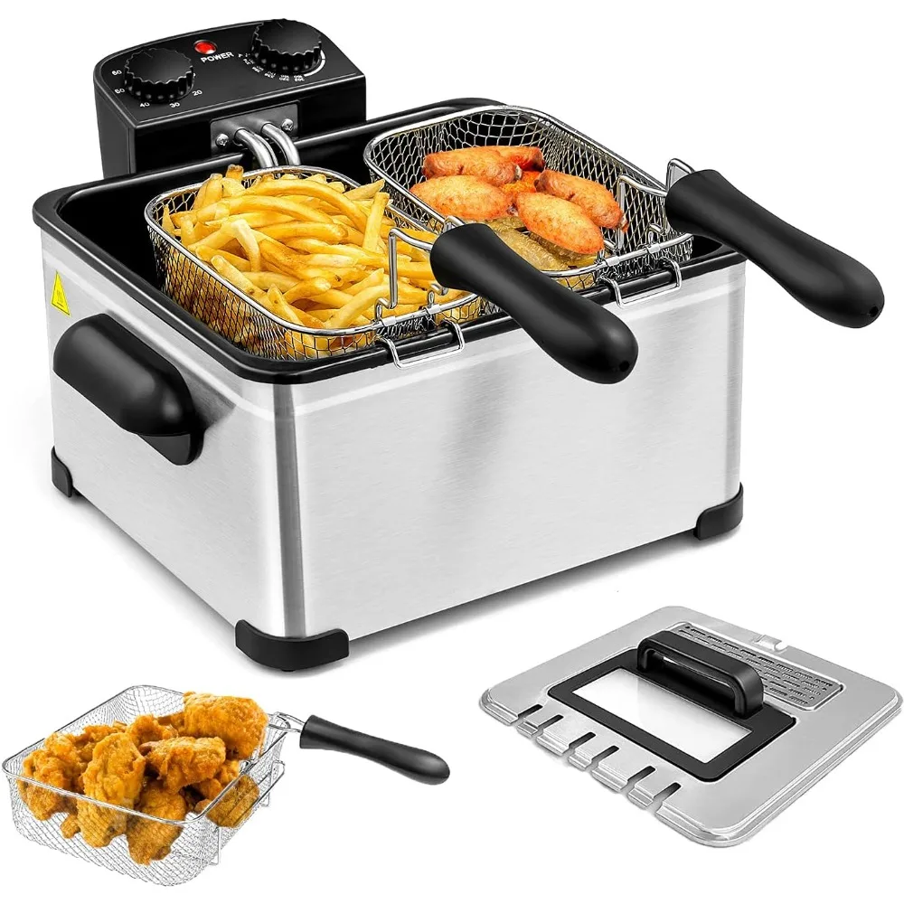 5.3QT Electric Deep Fryer with 3 Baskets, 5L Stainless Steel Deep Fryer w/60 timer & Lid with view window