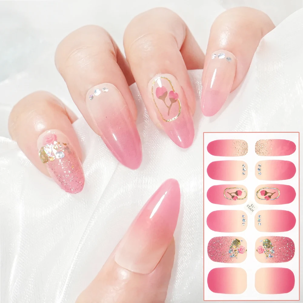 12 teile/satz rosa süße Serie Full Wrap Nagel Aufkleber Nagellack Gradient Slider Glitter selbst klebende Abziehbilder Streifen DIY Maniküre