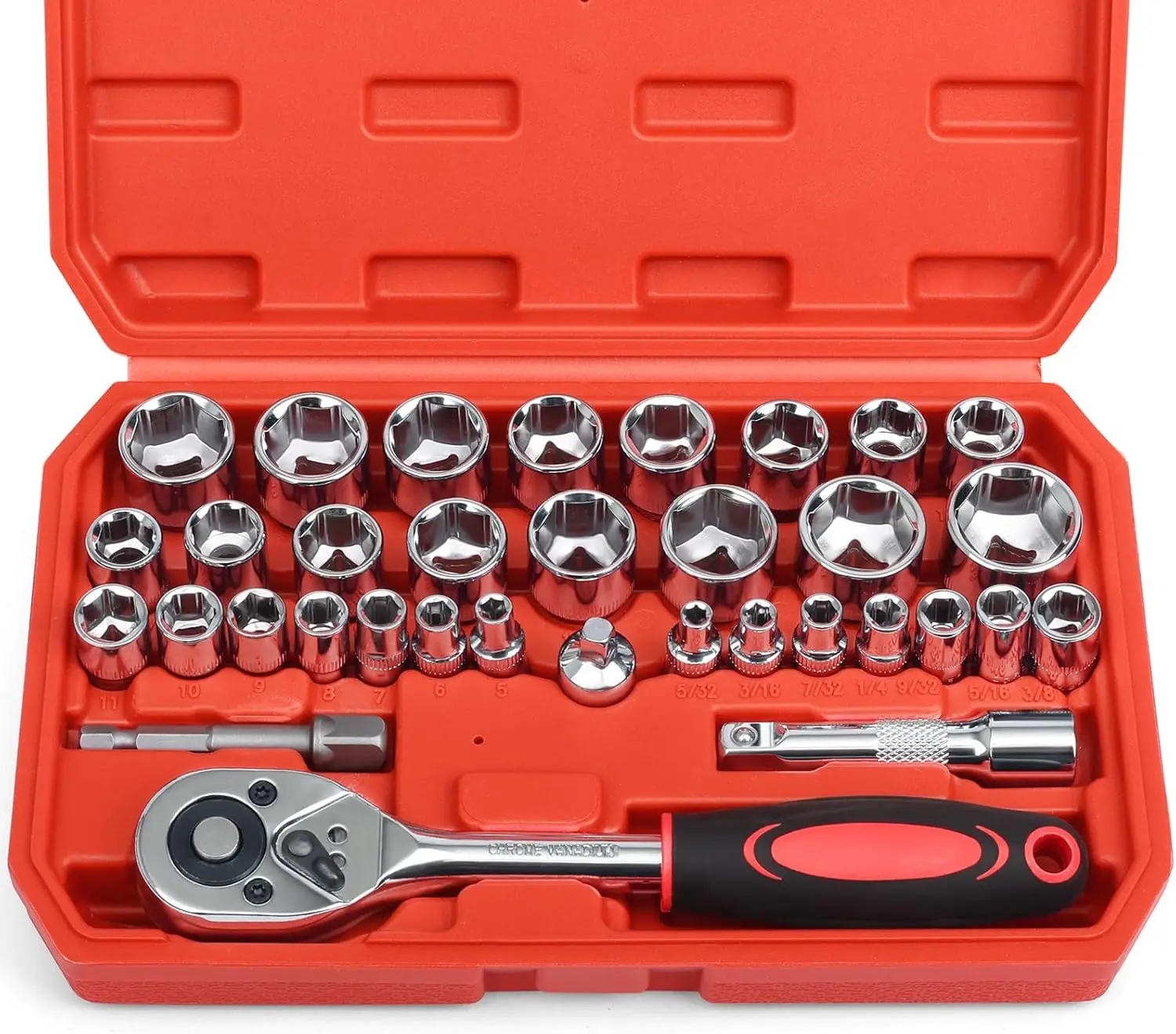 34 Piece 3/8 Inch Drive Socket Ratchet Wrench Set, Metric & SAE, with Extension Bar for Auto Repair & Household, Storage Case