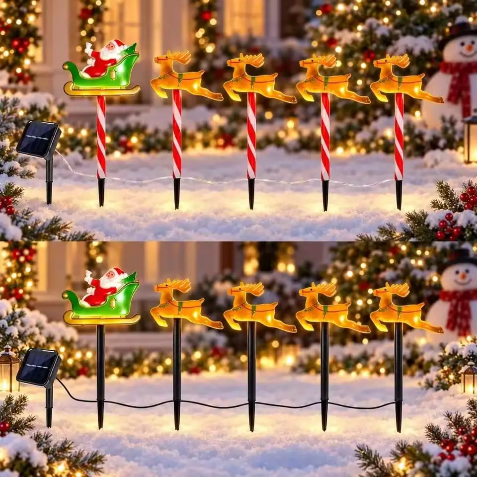 Solar Christmas Santa Pathway Lights,5 Pack Sleigh & Reindeer & Sled Stake Lights for Yard Garden Lawn Christmas Outdoor Decor