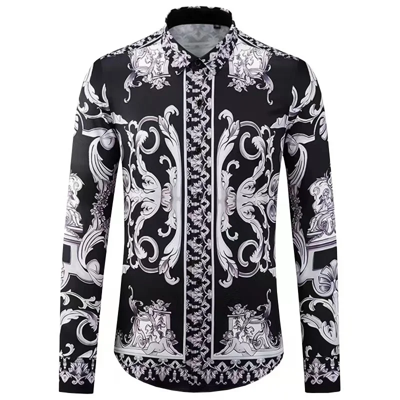 Autumn Luxury Men Long Sleeve Shirts For Man Turn Down Fashion Casual Black Print Tops