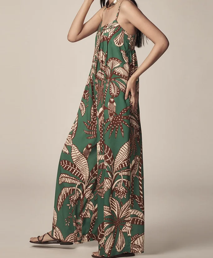 Women Jumpsuits Summer New Fashion Female Tropical Print Spaghetti Strap Back Shirred Jumpsuit Women's Casual Loose Rompers