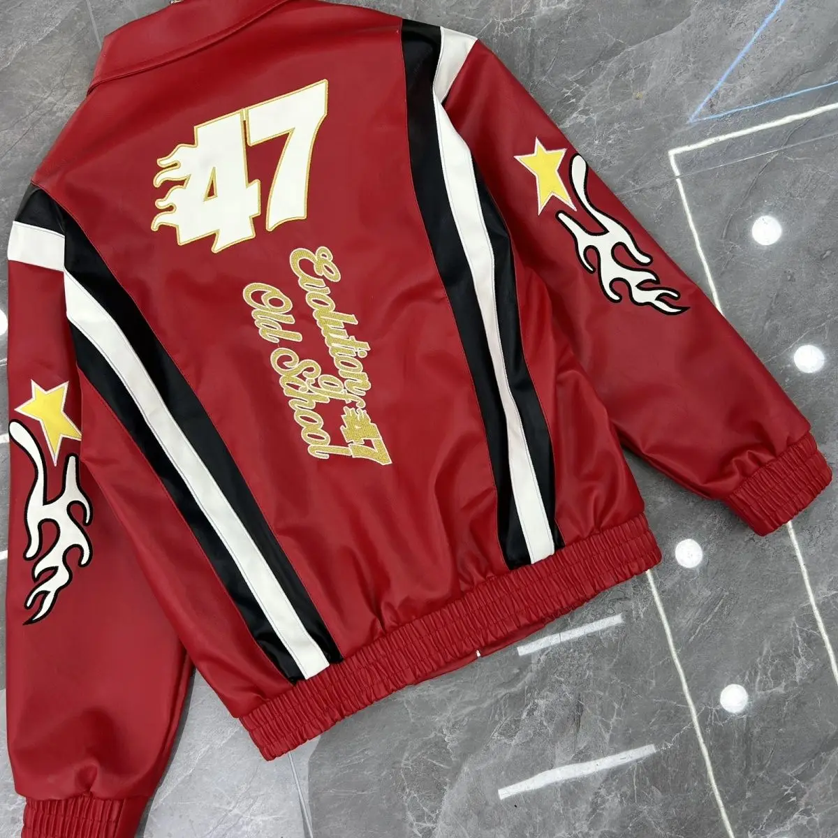 سترات جلدية أمريكية كلاسيكية مرقعة مطرزة بنمط علوي سترة شتوية عصرية كورية عالية الشارع بياقة بيسبول للرجال #3