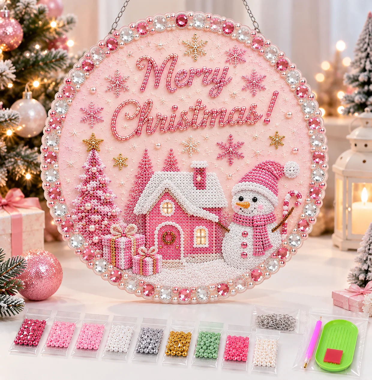 Perlen-Diamantmalerei-Sonnenfänger-Set, DIY-Bastelset, Acryl-Rundplatte mit Spitzenrand, Perlen, Bastelbedarf, Weihnachts-Diamantmalerei