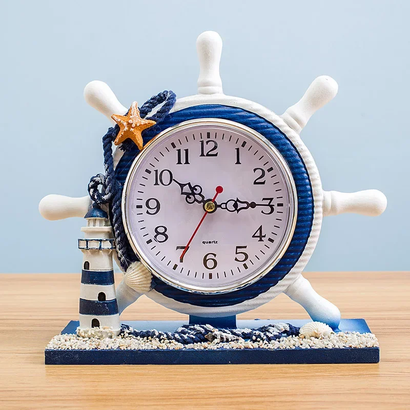 Mediterranean Style Helmsman Clock Retro Wooden Desktop Ornament for DIY Beach Sea Theme Nautical Ship Wheel Anchor Home Decor