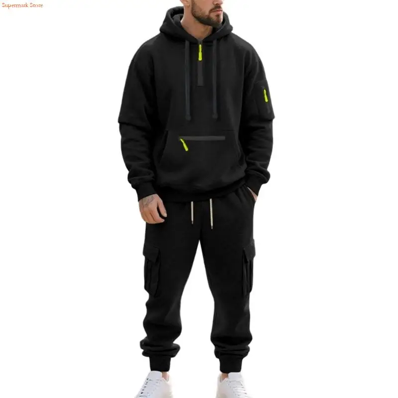 

Q5WE Мужская толстовка с капюшоном и комплект брюк, состоящий из двух частей, толстовка с карманами, спортивный костюм