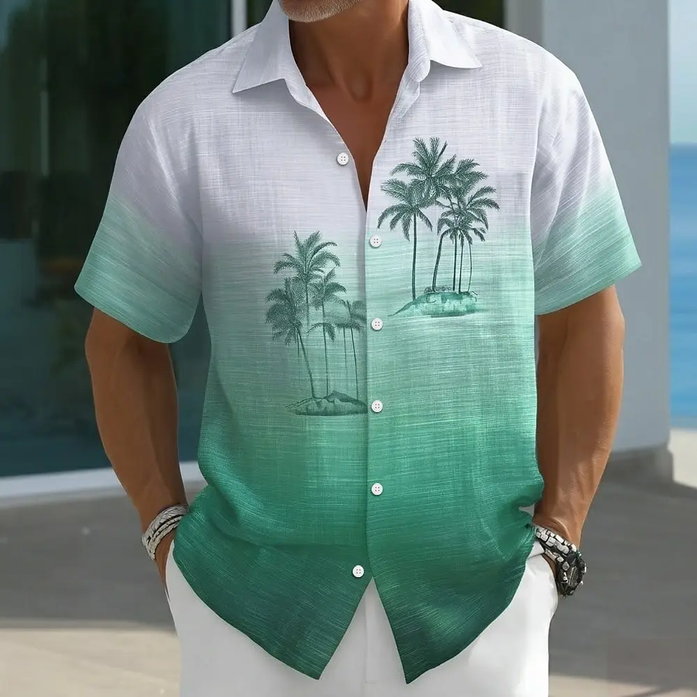 Men's Coconut Tree Gradient Tropical Plants 3D Print Hawaiian Shirt Turndown Collar Short Sleeve Button Up Shirt For Summer