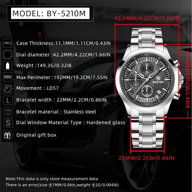BENYAR 5210 40MM Men's Quartz Watch 50M Waterproof Automatic Diving Watch Luxury Fashion Men's Stainless Steel Watch New