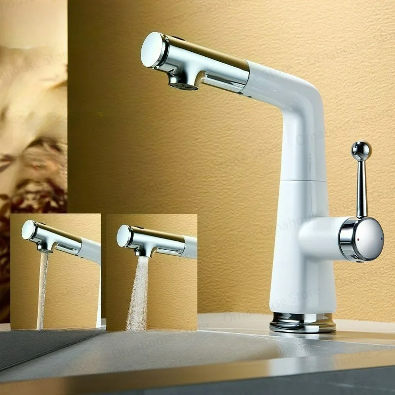 

Pull Type Bathroom Faucet 360° Rotation One Handle Cold and Hot Mixer Taps White Colorful Lavatory Basin Sink Faucet