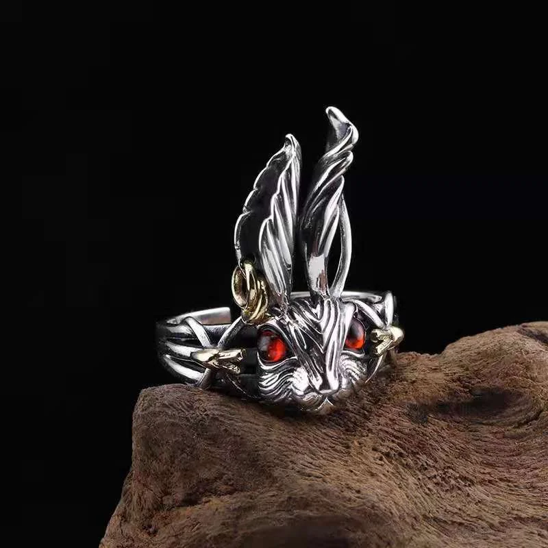 Fashionable and pretty red green blue eye irregular open rabbit ring perfect for dates Valentine's Day romantic ring jewelry gif