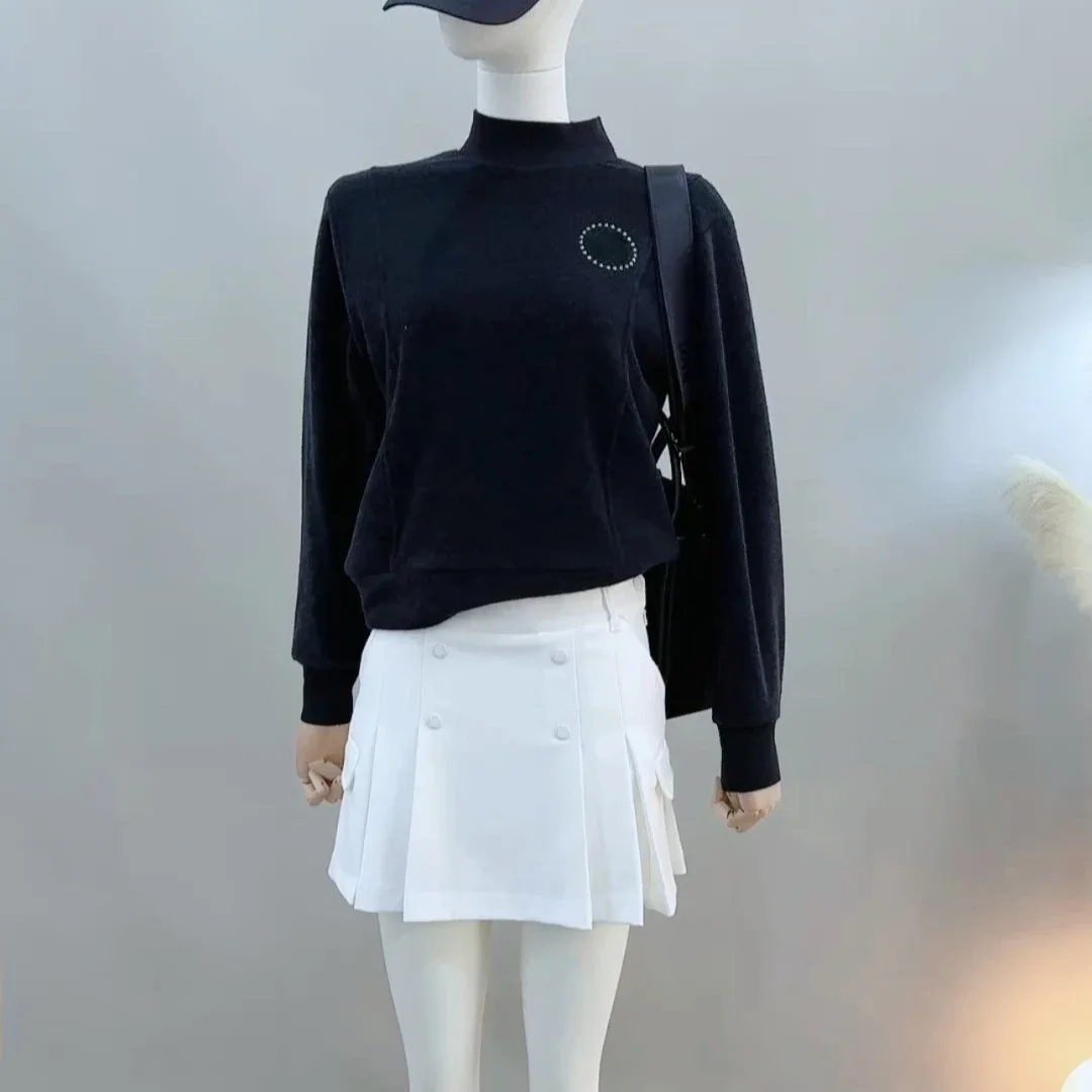 Women's Golf Knit Top 2026 New Korean Style Windproof Stand Collar Quick-Dry Stretch Long Sleeve Solid Polyester Breathable Warm