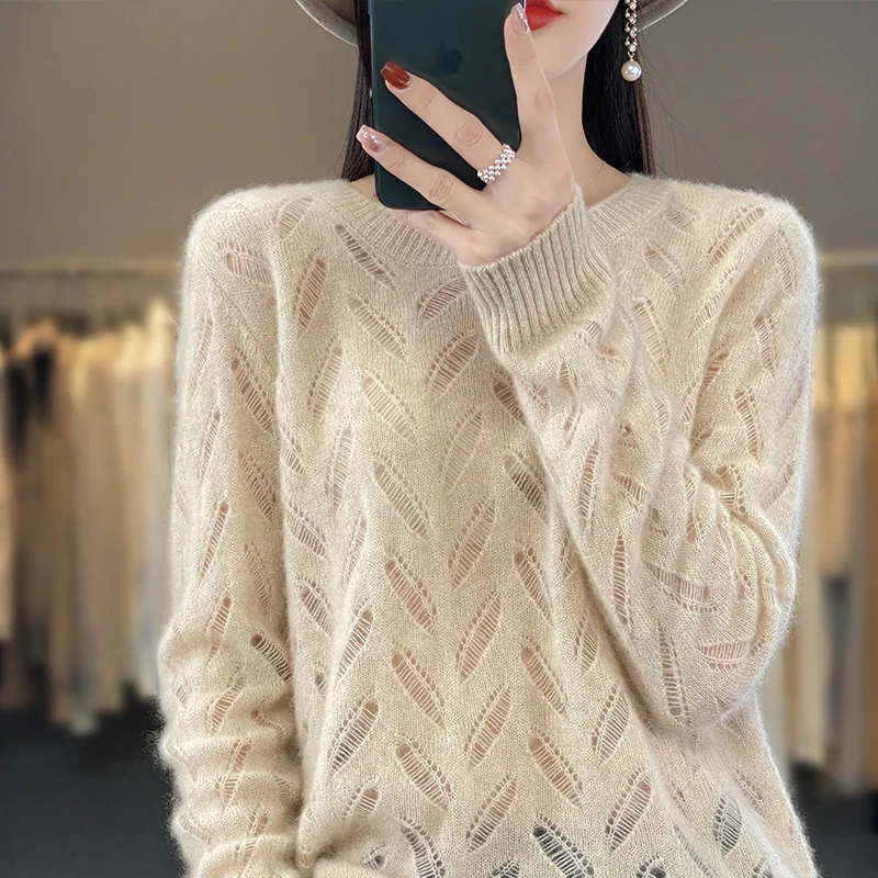 Spring New Ladies 100% Wool Soft Breathable Sweater Round Neck Hollow Out Pullover Casual Knitted Thin Sweater Slim-Fit Tops