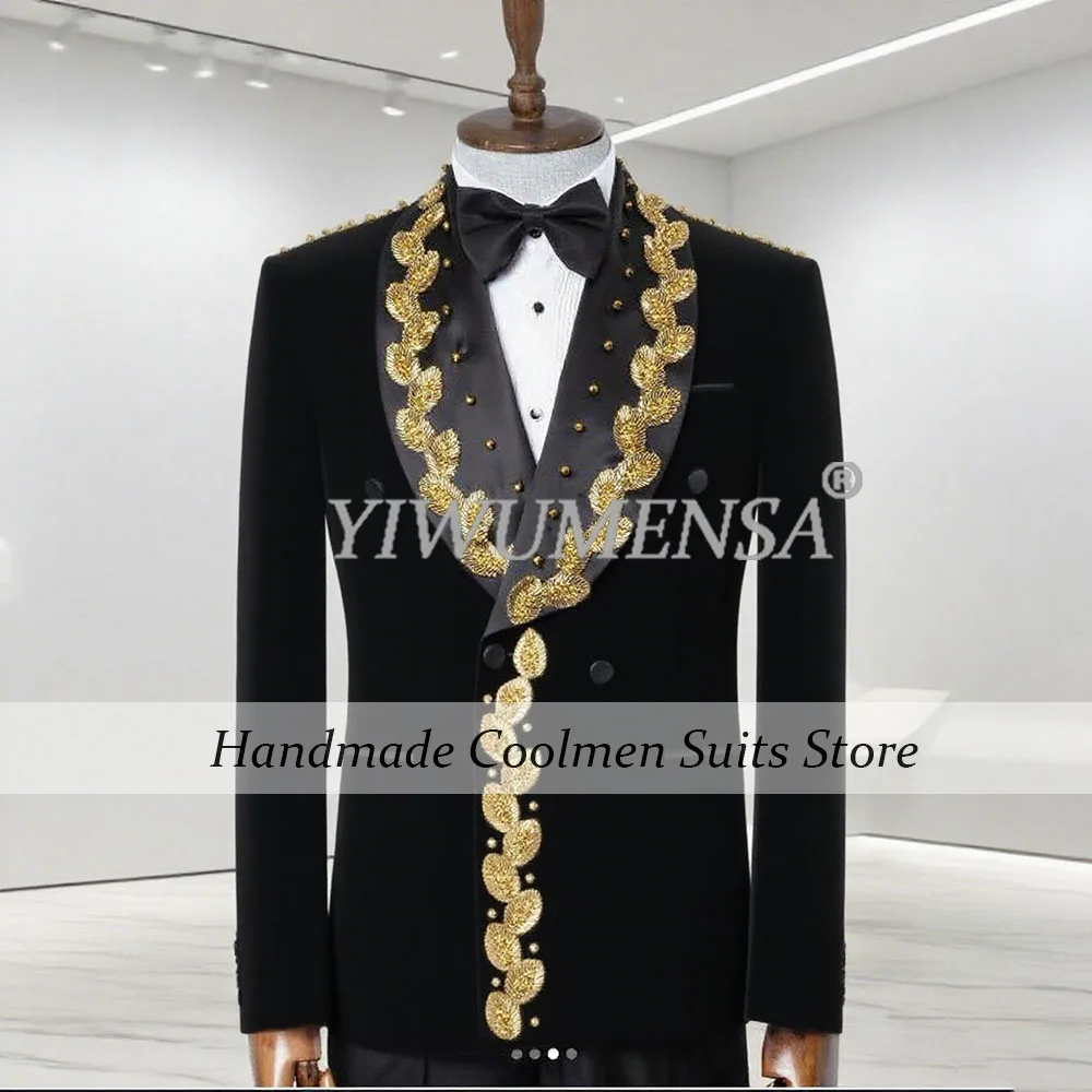 

Gold Beaded Embroidered Suits Men 2 Pieces Black Shawl Label Velvet Prom Blazers Customized Man Formal Party Wedding Tuxedo 2026