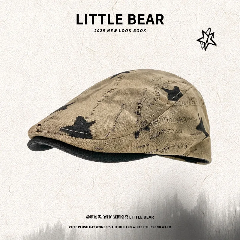 

Y2K Personality Star Graffiti Hole Design Berets Cap for Women Summer and Autumn Travel Fashion Versatile Retro Painter Hats