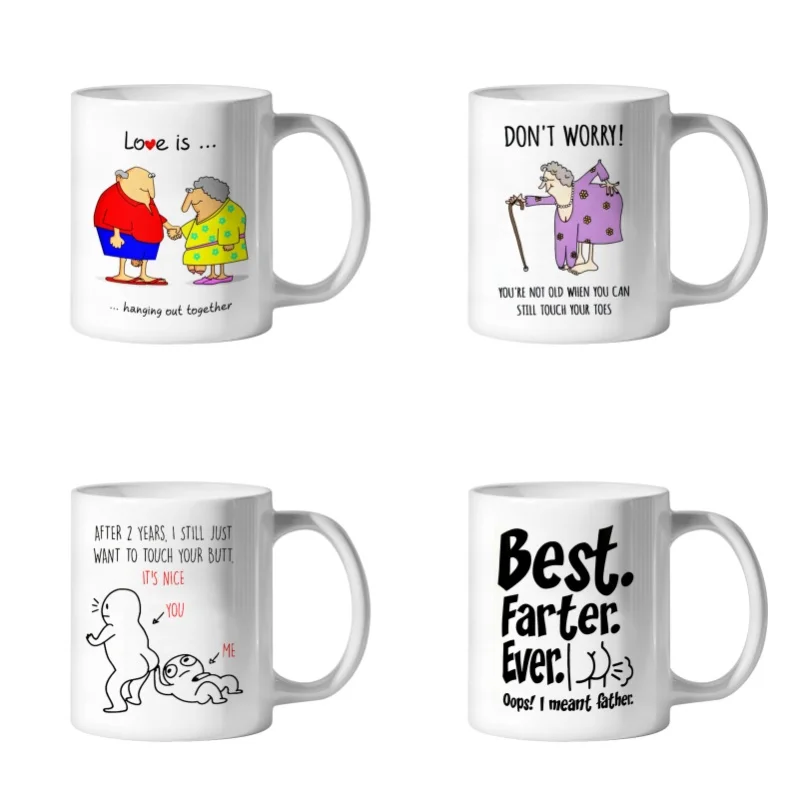 Funny Cartoon Old Couple Sarcastic Coffee Cup Ceramic Cup Novelty Prank Gift for Husband Wife Dad Grandma Grandpa Memorial Cup