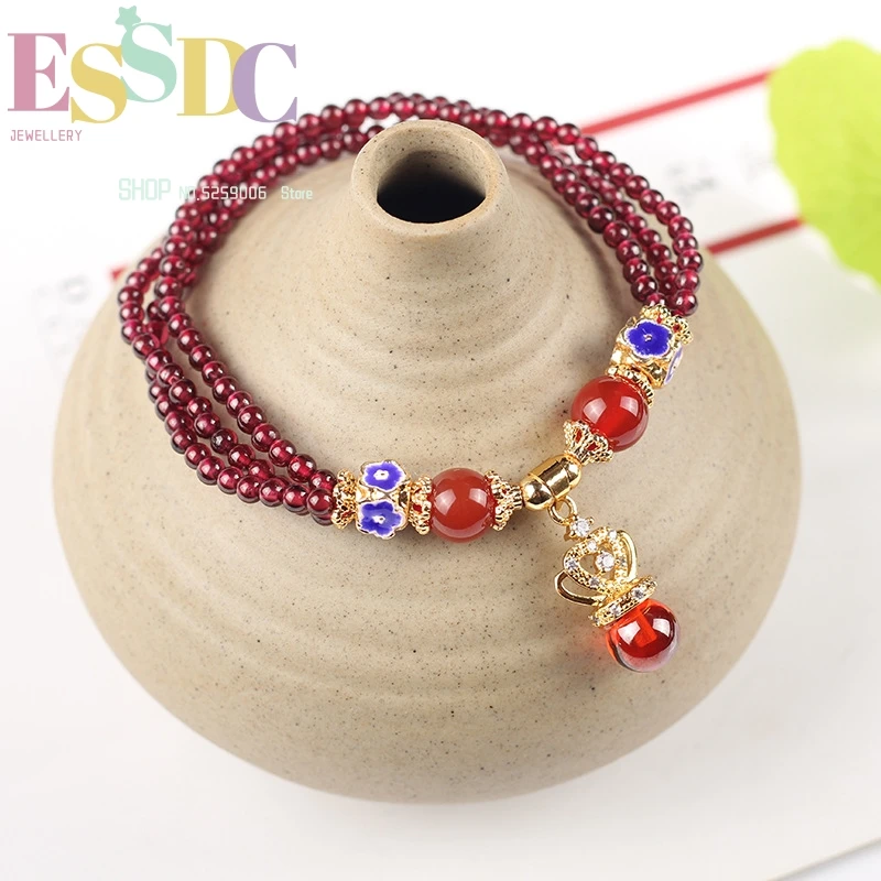 

Wholesale 4Mm Burgundy Garnet Round Ladies Multi-Circle Hand Beaded Bracelet Gold Plated Crown Accessories