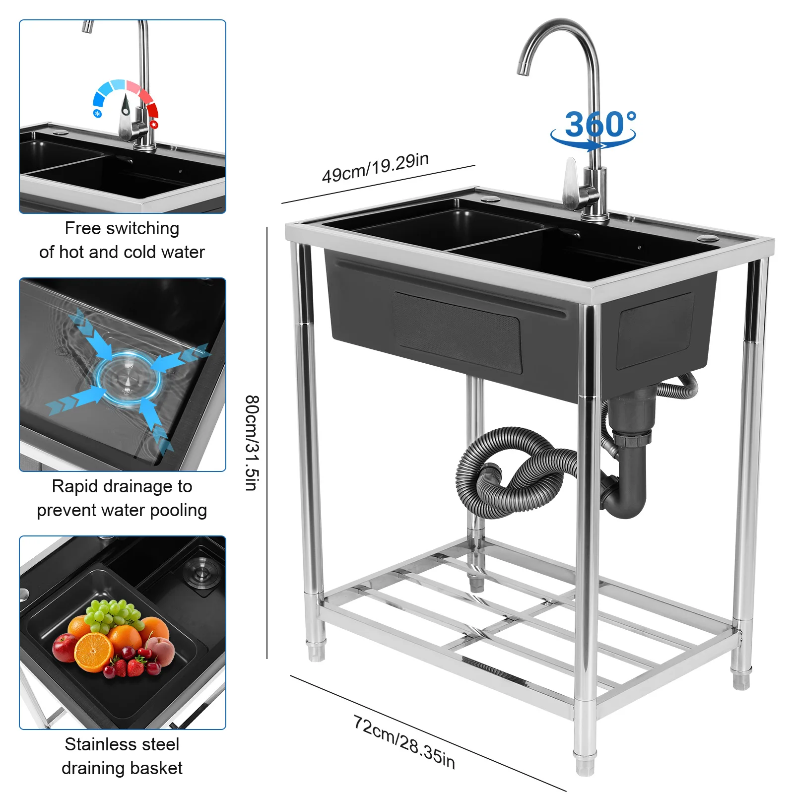 

Stainless Steel Utility Sink Adjustable Stand Multifunctional Sink Rust Proof Hand-Made Basin Sink with Hoses & Drain Kit