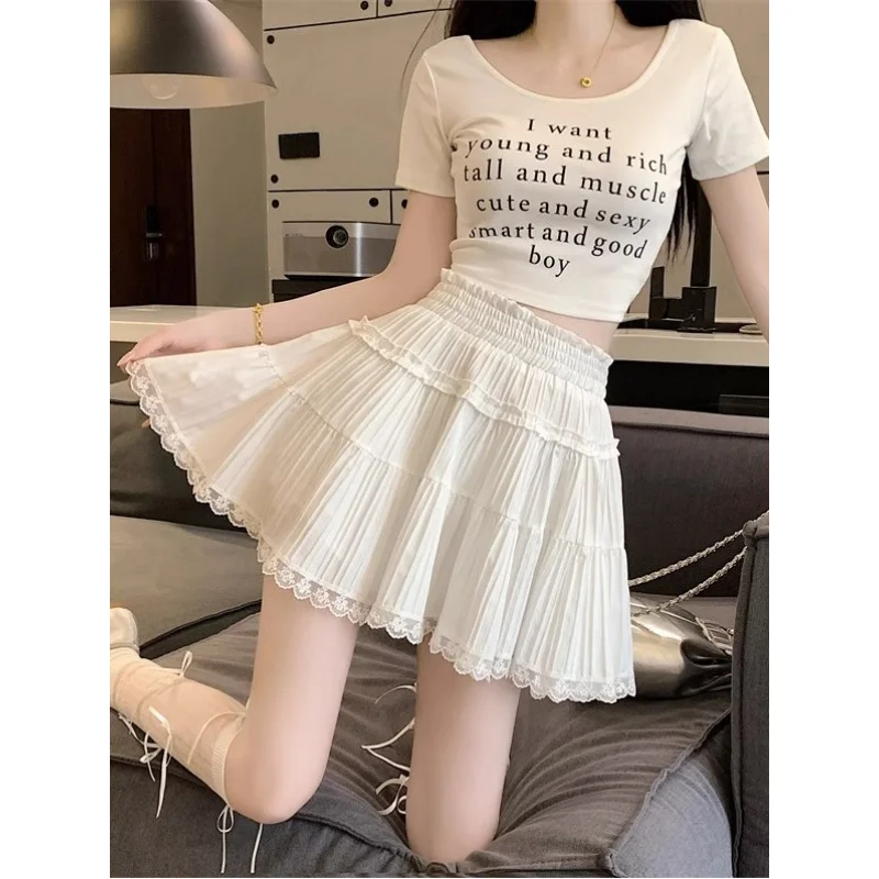 Women Summer Mini Skirt Girl Cute Sexy Elastic High Waist Ball Gown Ruffle Short Skirts for Woman Sweet Y2K Lace Halfskirt