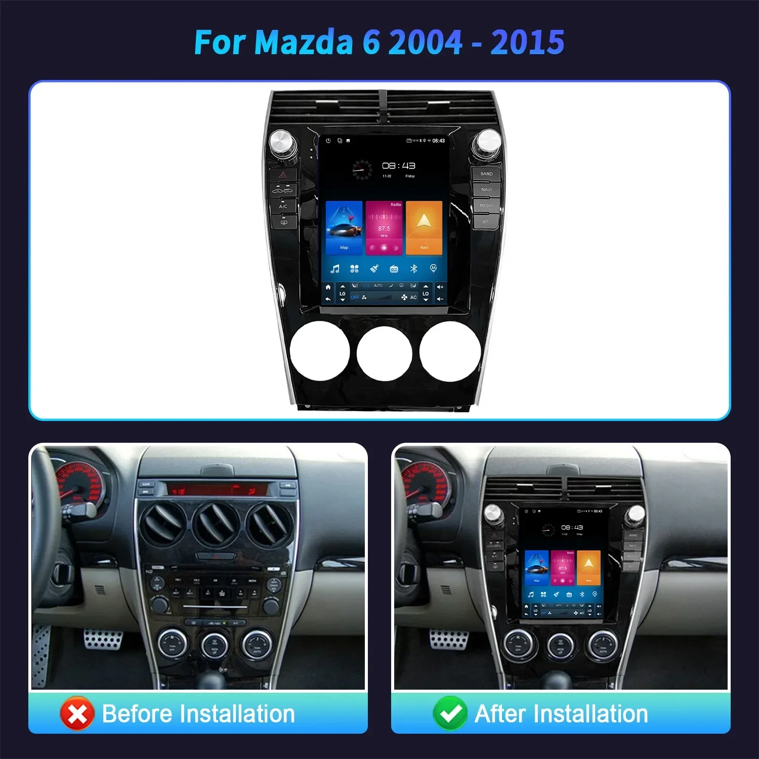 9.7″ Android 14 For Mazda 6 2004-2015 Car Radio Multimedia Wireless Carplay Android Multimedia Navigation Touch Head Unit Screen view 2