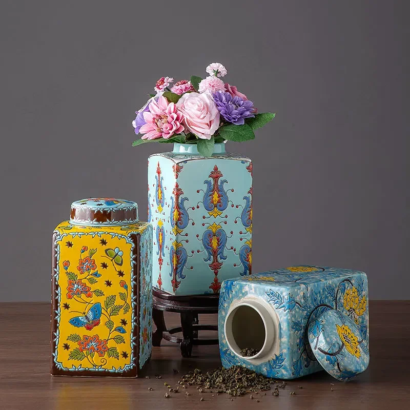 

American Classical Painted Ceramic Vase European Modern Square Relief Art Storage Tank with Lid Home Living Room Tabletop Vases