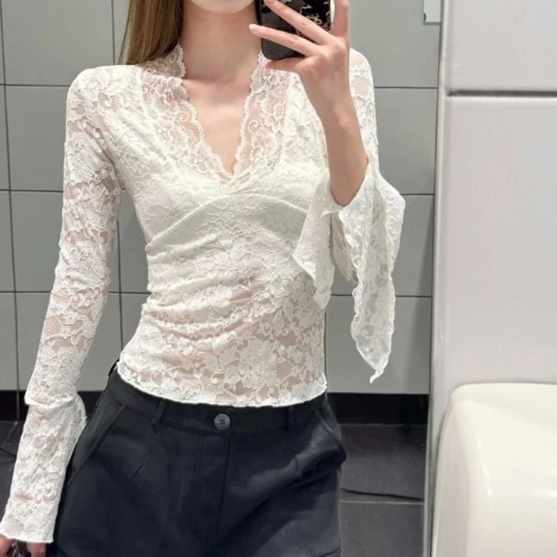 

2025 New Sexy V-Neck Sheer T-Shirts Women Flare Long Sleeve Spring Lace Slim Pullovers Tops Casual Evening Party Club Chic Tees
