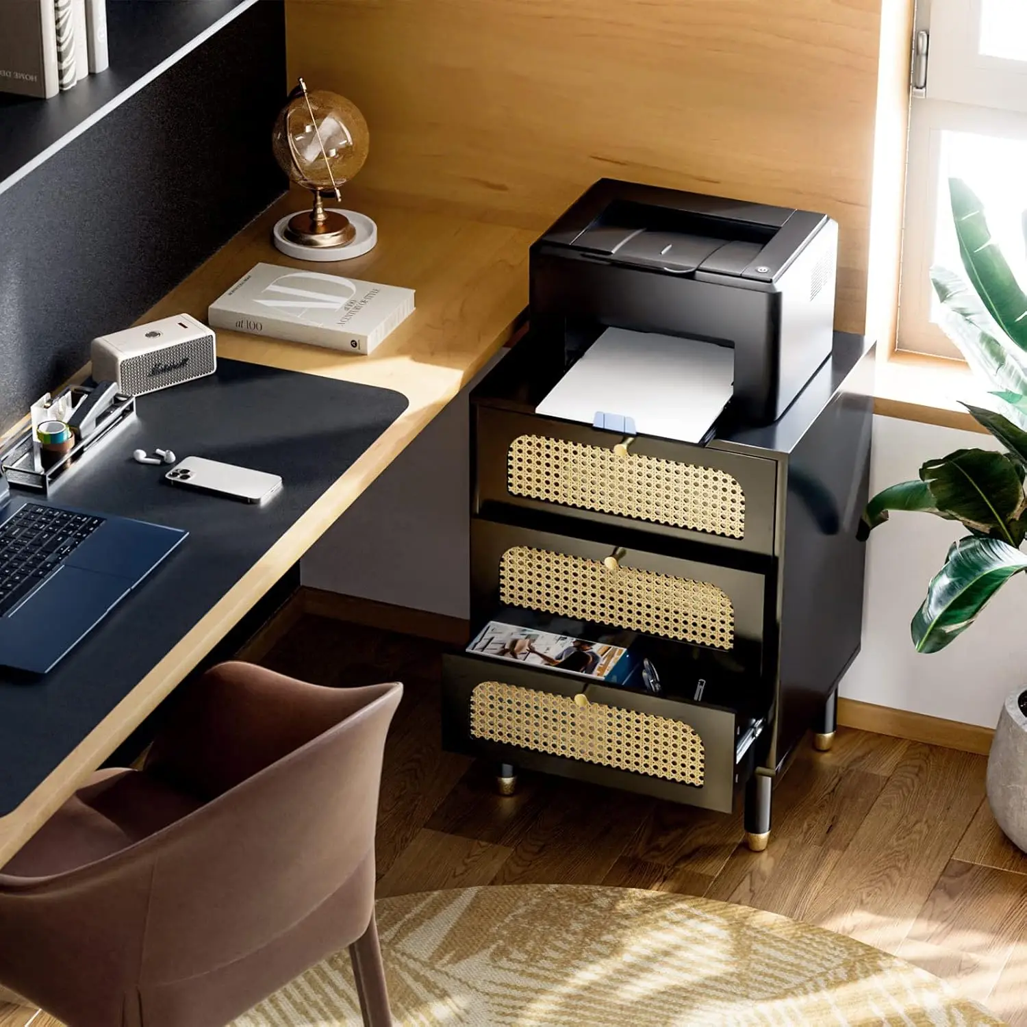 Black Rattan Nightstand Set 6