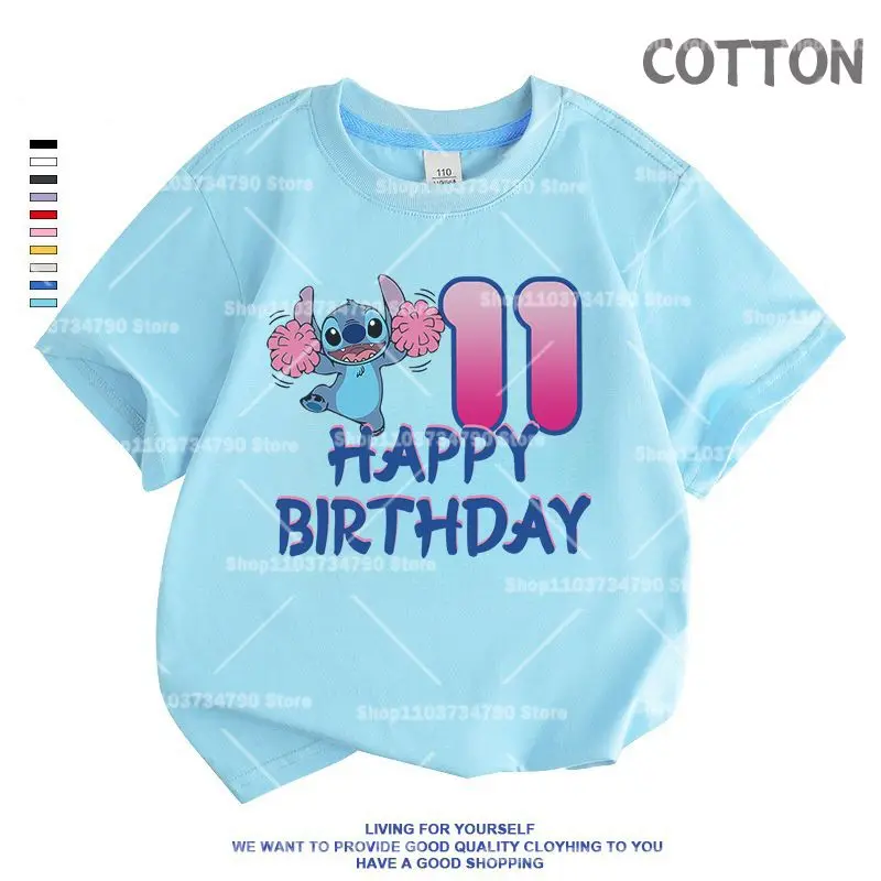 Blue Anime Lilo Stitch Children Birthday Number 1-14 T Shirt Tops Tee Kid Boy Girl lovely Casual Clothes Cartoons Kids T-shirts