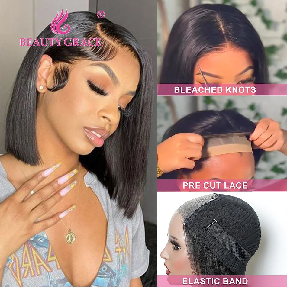 Glueless Wig Straight Bob Wig Lace 4x4 Lace Closure wigs Glueless Preplucked Human Wigs Human Hair Pre Cut Wigs Easy to Wear