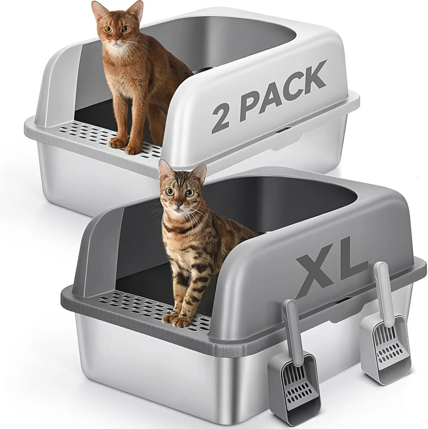

2 Pack Stainless Steel Cat Litter Box with Lid, XL Extra Large for Big Cats, Enclosed High Sided Non-Sticky, Includes Scoop