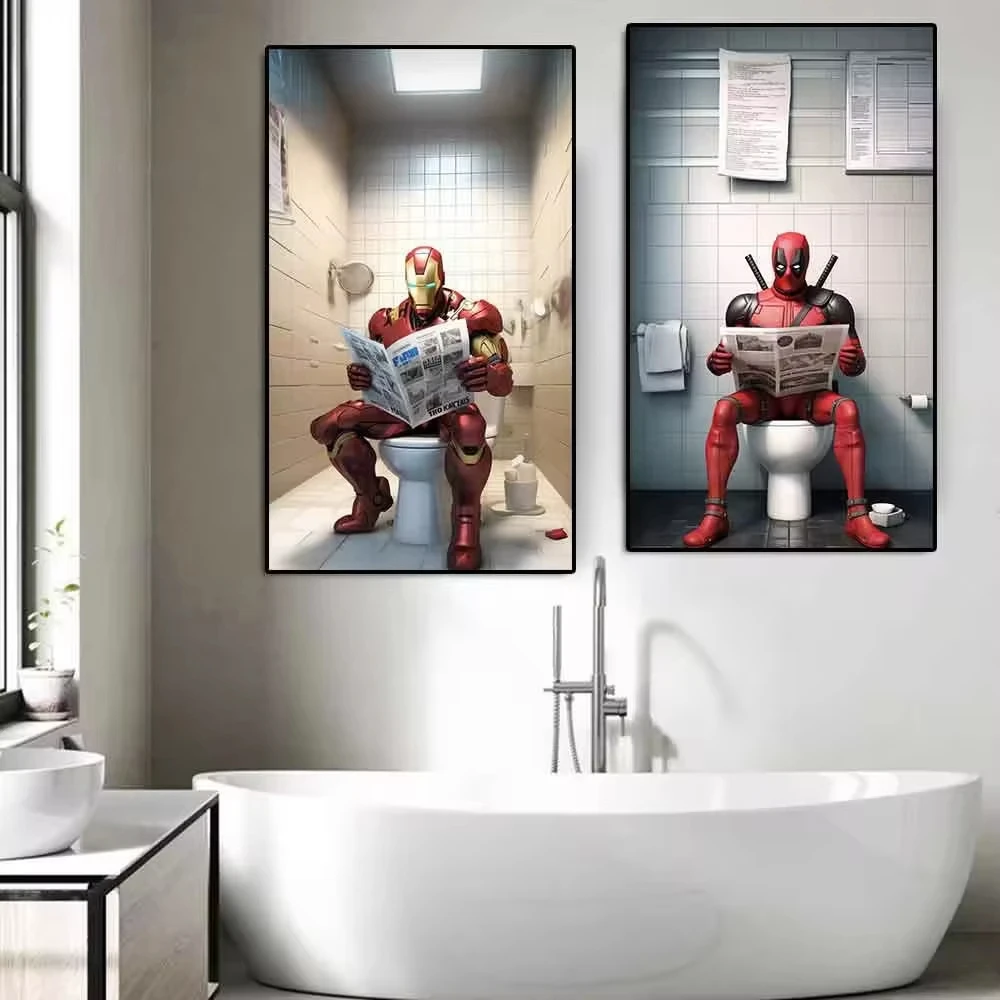 Canvas Painting Funny Cartoon Spiderman Comic Marvel Superhero Poster Toilet Reading Newspaper Bathroom Canvas Painting Wall
