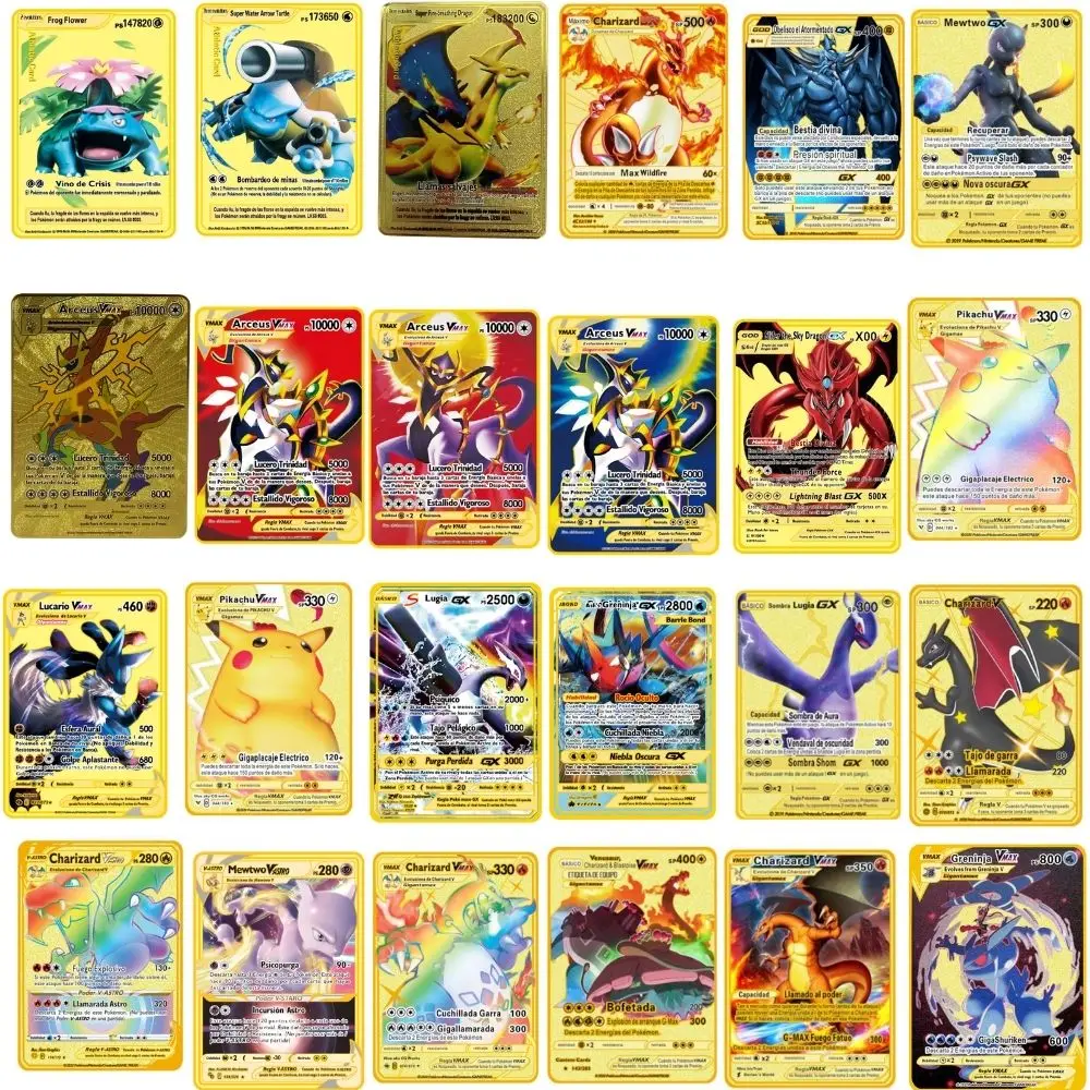 Spanish/English12-24pcsPokémon Cards Metal Pokemon Letters Spanish Pokemon Iron Cards Mewtwo Pikachu Gx Charizard Vmax Cartas Po