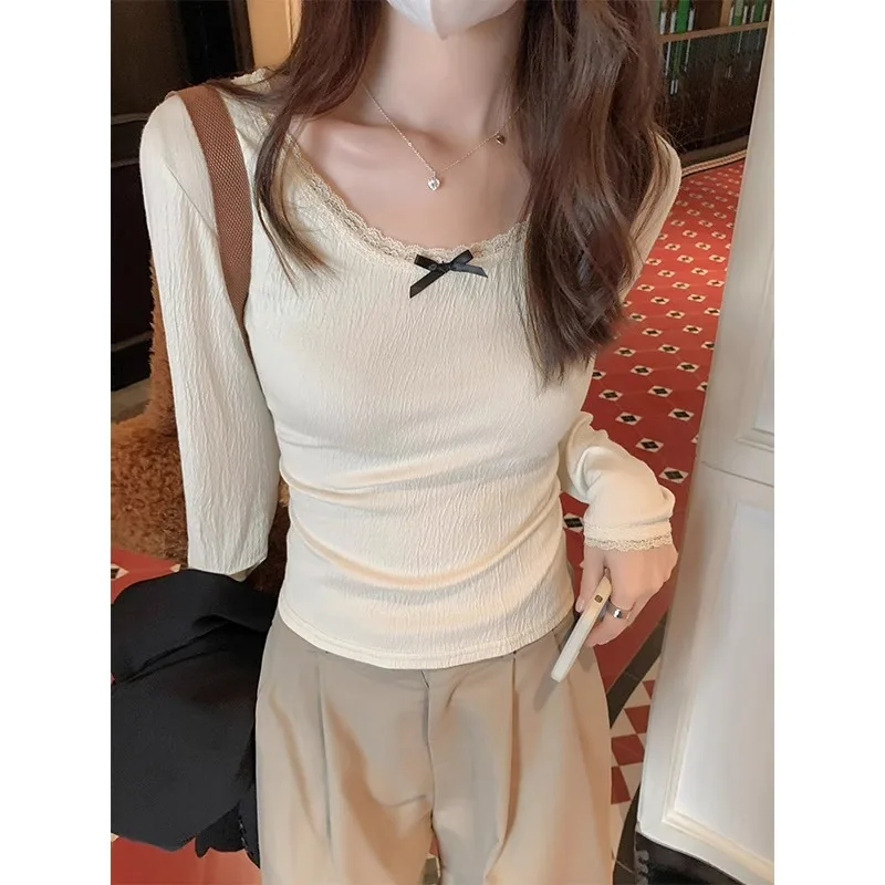 U Collar Exposed Clavicle Sexy Long Sleeve Bottom Shirt Women's Bow Lace Splicing Slim Fit Autumn and Winter Interior Top