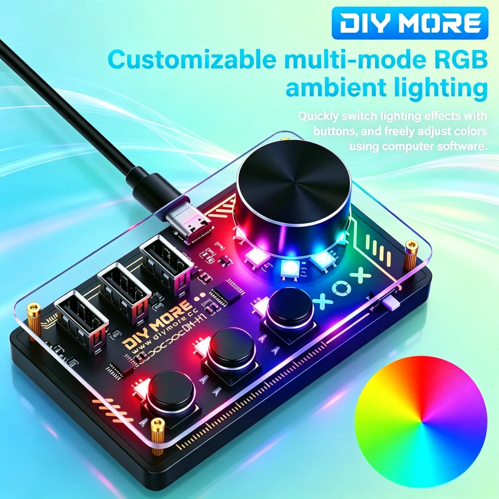 DM-H1 DIY HUB 3 Custom Programmable Keys EC11 Rotary Encoder RGB LED Light Desktop Media Controller Multi System Plug And Play