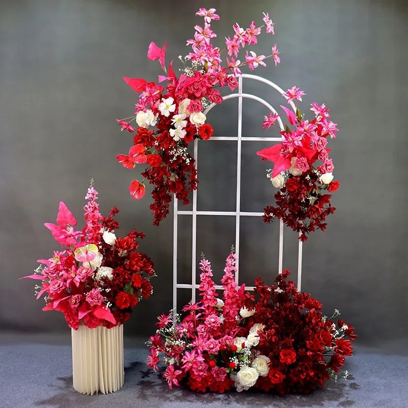 

Pink Wedding Background Arch Decoration Flower Arrangement Rose Lily Flower Path Lead Flower Ball Floor Row Decoration Home