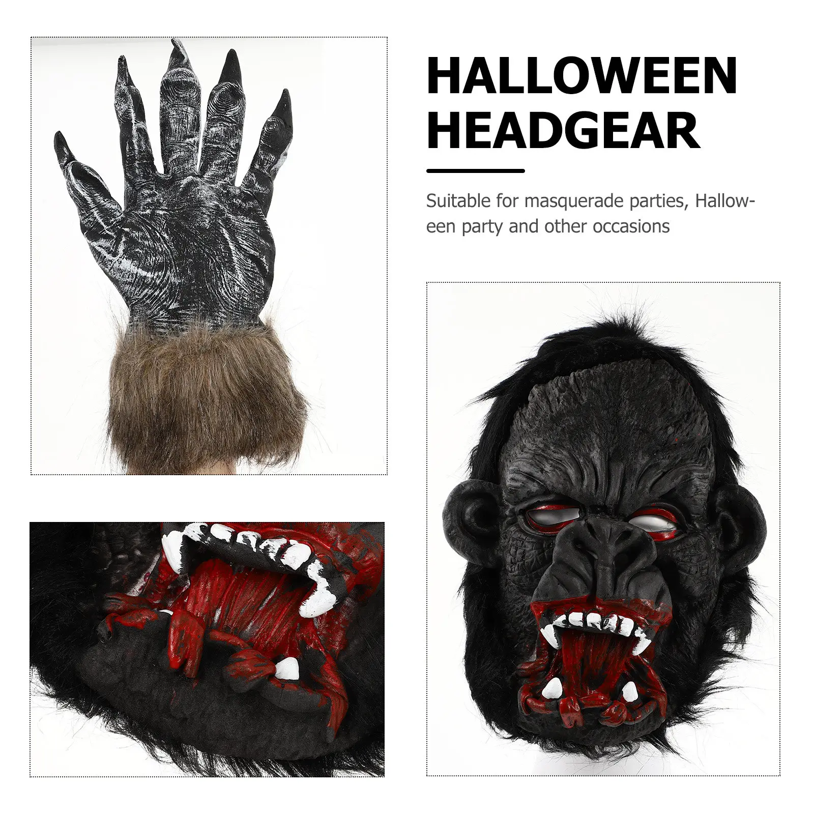 

1Set Halloween Gorilla Head Cover and Matching Scary Gloves Premium Latex Lifelike Horror Costume Set for Masquerade Party