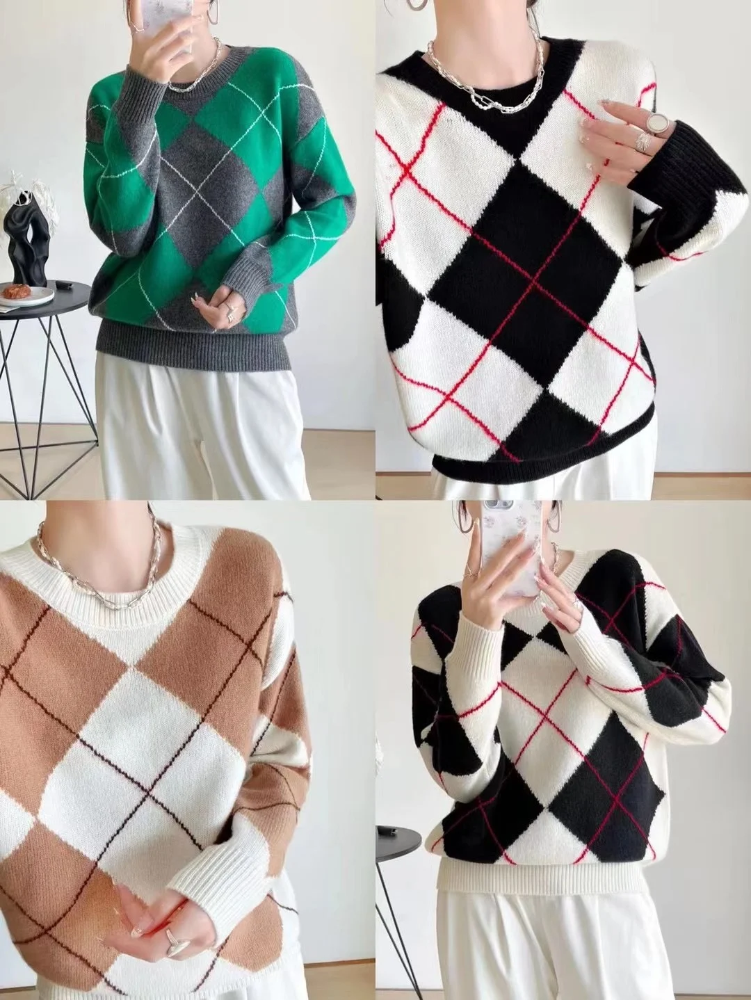 

Autumn And Winter New 2023 Women's ClothingDiamond Lattice round Neck Loose Knitted Sweater 1023