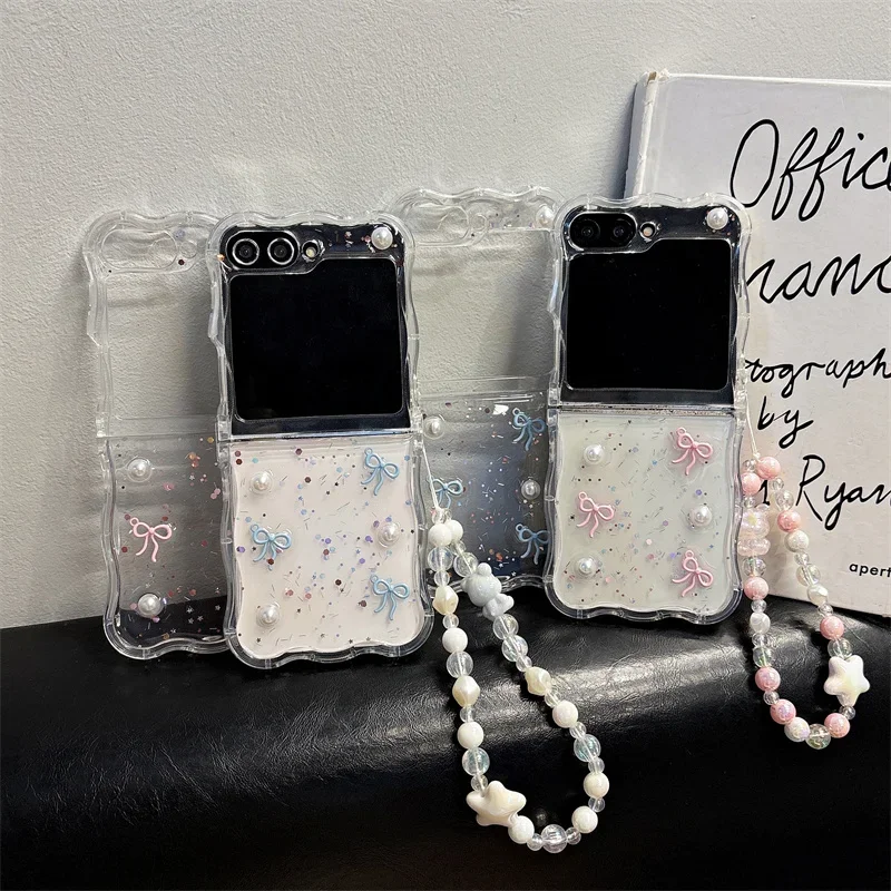 Чехол для телефона Samsung Galaxy Z Flip 3 4 5 6 3D браслет с жемчужным бантом Z Flip6 ZFlip6 Wave противоударный чехол