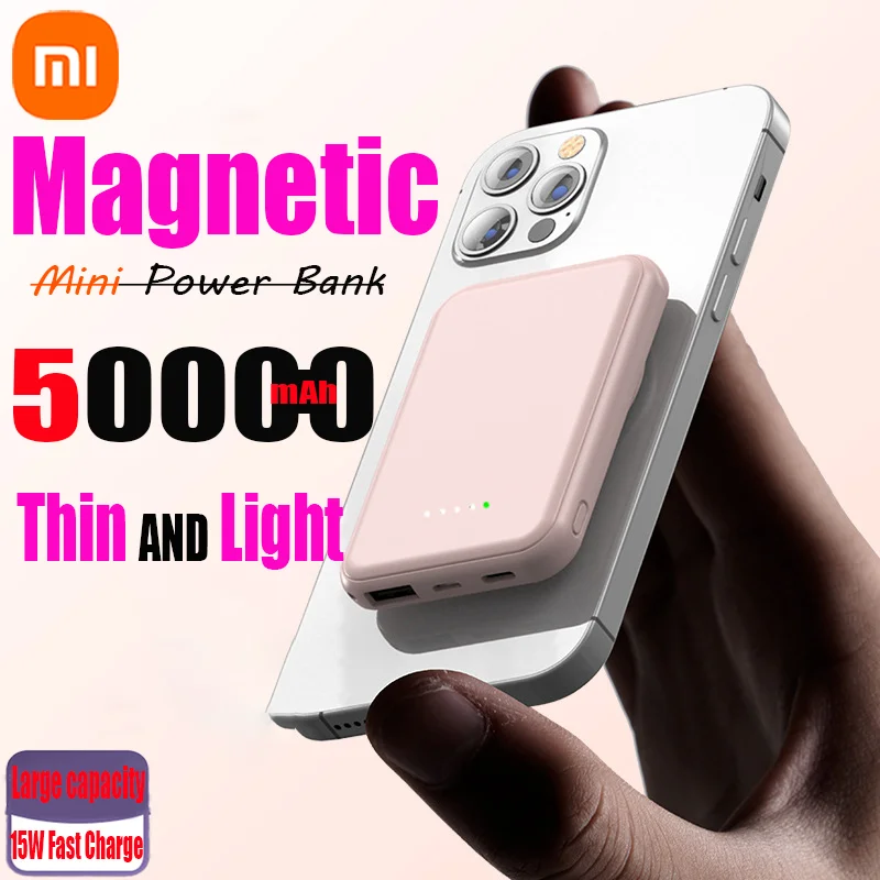 Xiaomi Power Bank magnetik nirkabel 50000mAh, 15W pengisian daya Super cepat untuk iPhone Huawei Samsung 2024 baru