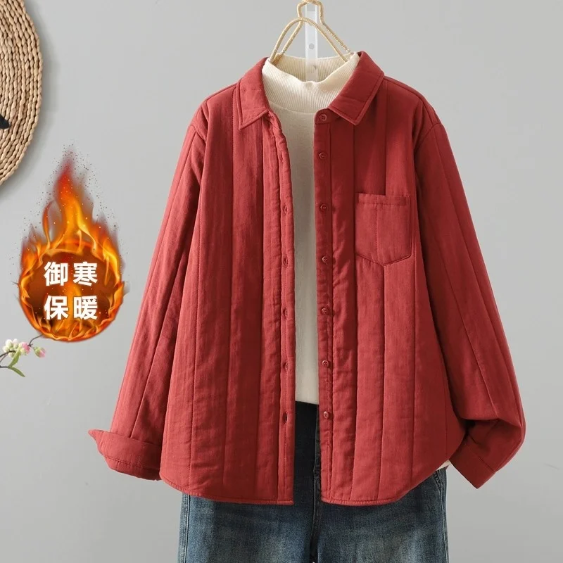 

Стеганая рубашка, пальто, осень-зима, двухслойная пряжа, мягкая, удобная, теплая и модная, художественная однотонная куртка W1528